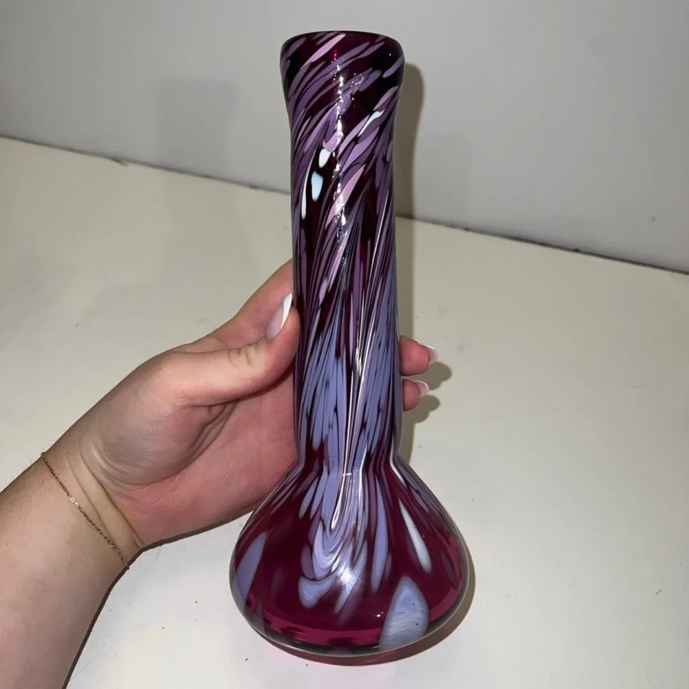 Blue purple pink, and white hand blown vase